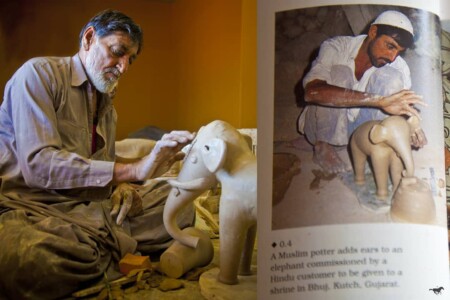 On the left, Potter Haroun Budha making an elephant. On the right, Potter Haroun Budha making another elephant, shot 25 years earlier. This photograph featured in a book by cultural anthropologist Stephen P. Huyler, 1996.
The book happened to be around, Haroun was surprised to see himself in it. Great timing, universe. Elephants don't forget.